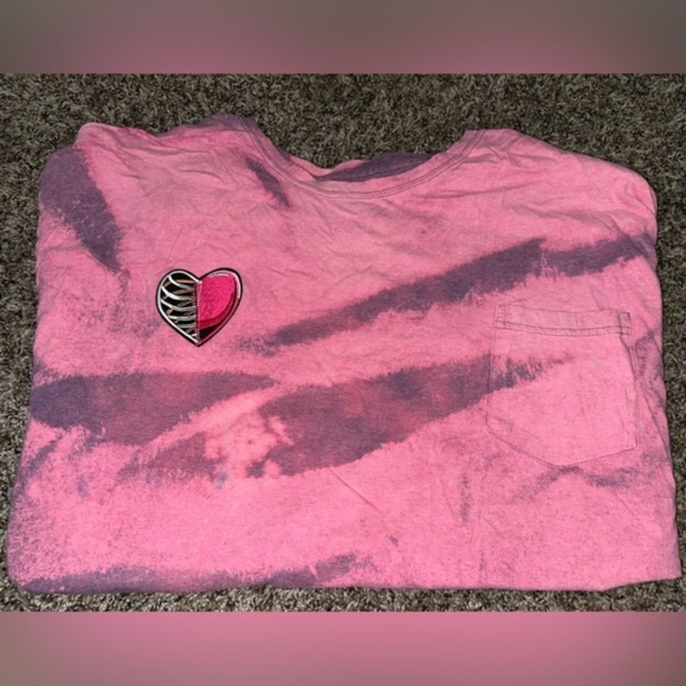 Handmade Women's XL Pink and Purple Tie-Dye Shirt with Heart Patch and Pocket